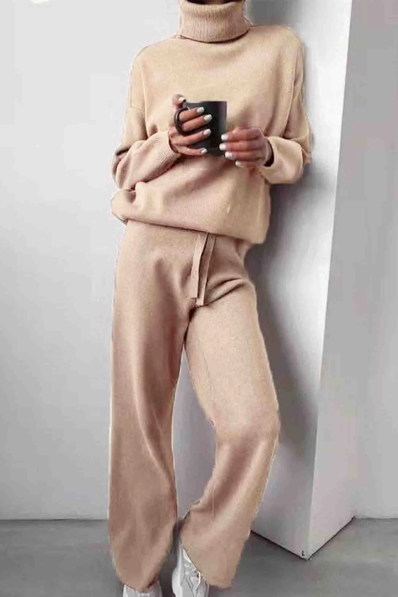 Joskaa Solid Turtleneck Long Sleeve Long Pant Knitted Set