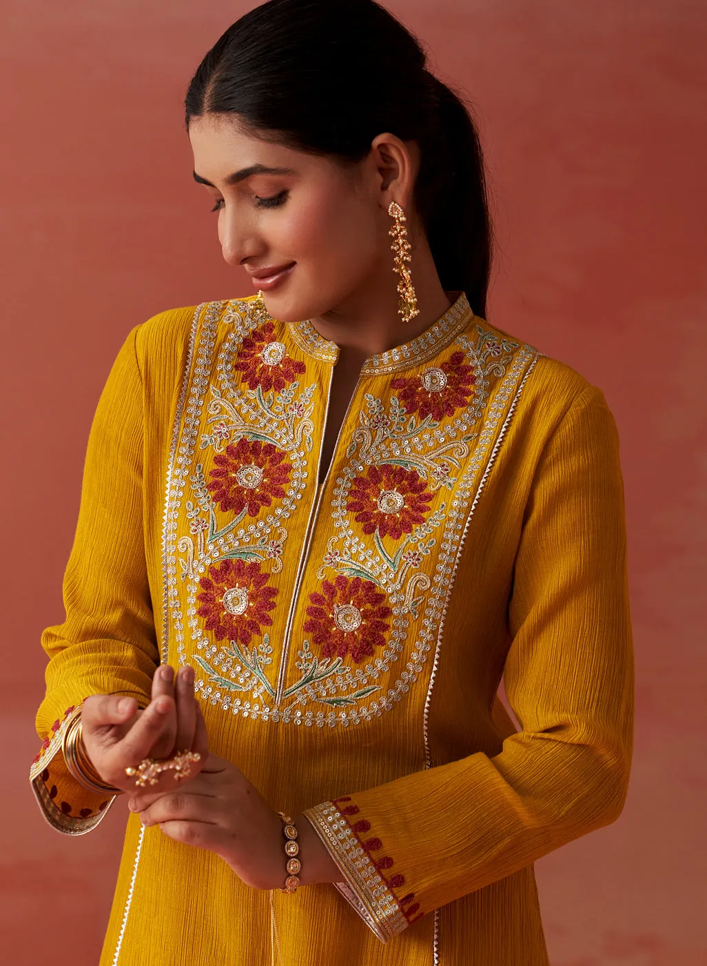 Karima Mustard Embroidered Viscose Kurta Set for Women