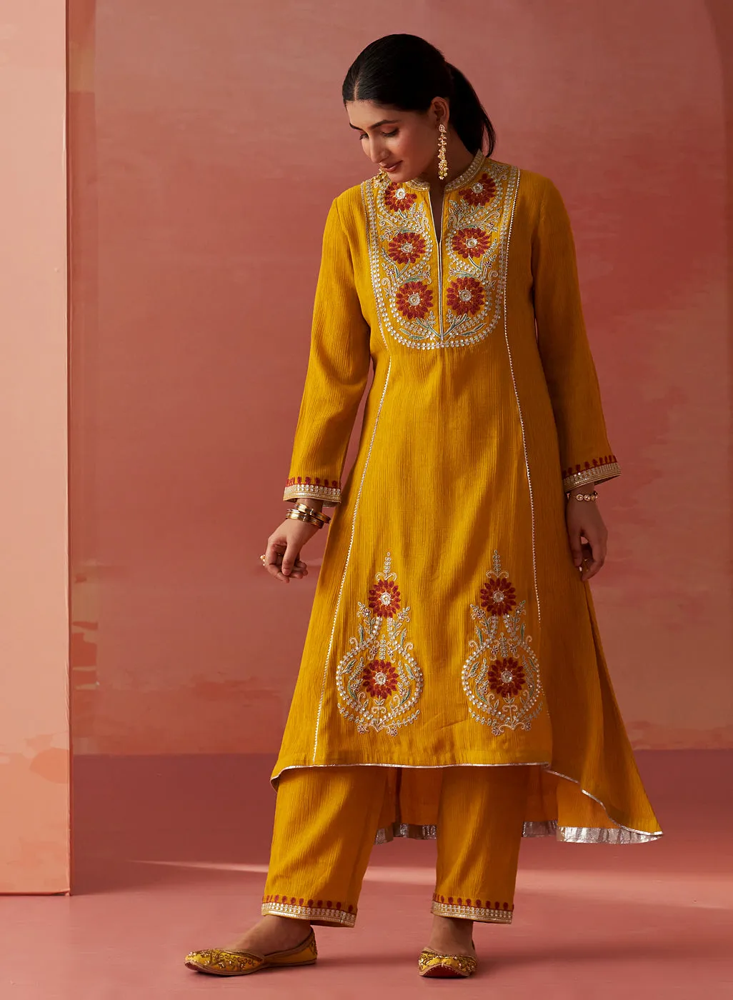 Karima Mustard Embroidered Viscose Kurta Set for Women