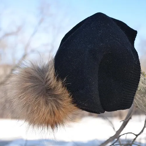 Knit Wool Fox Fur Pom Pom Hat Black/Natural HA201