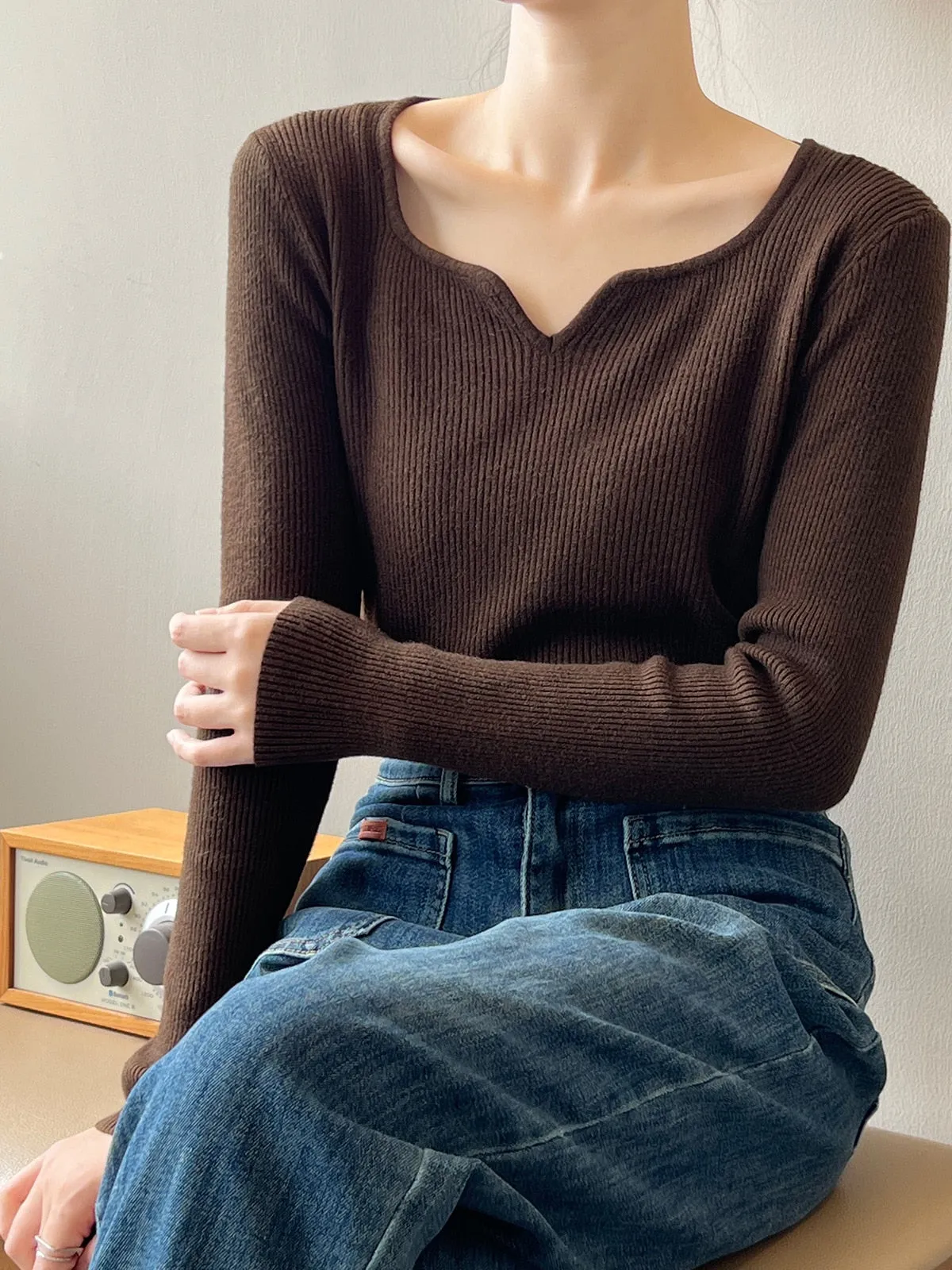 [Korean Style] 5 Color Irregular Neckline Slim Fit Rib Knit Top