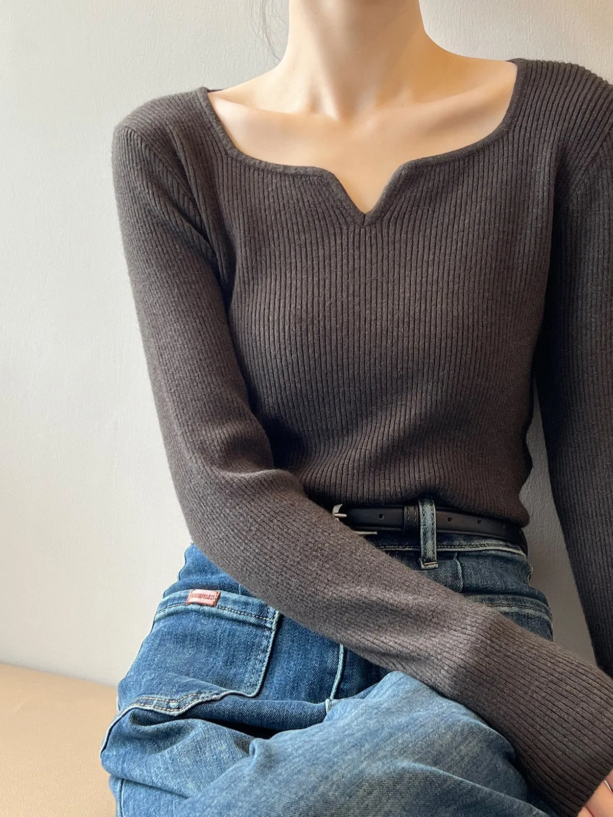 [Korean Style] 5 Color Irregular Neckline Slim Fit Rib Knit Top