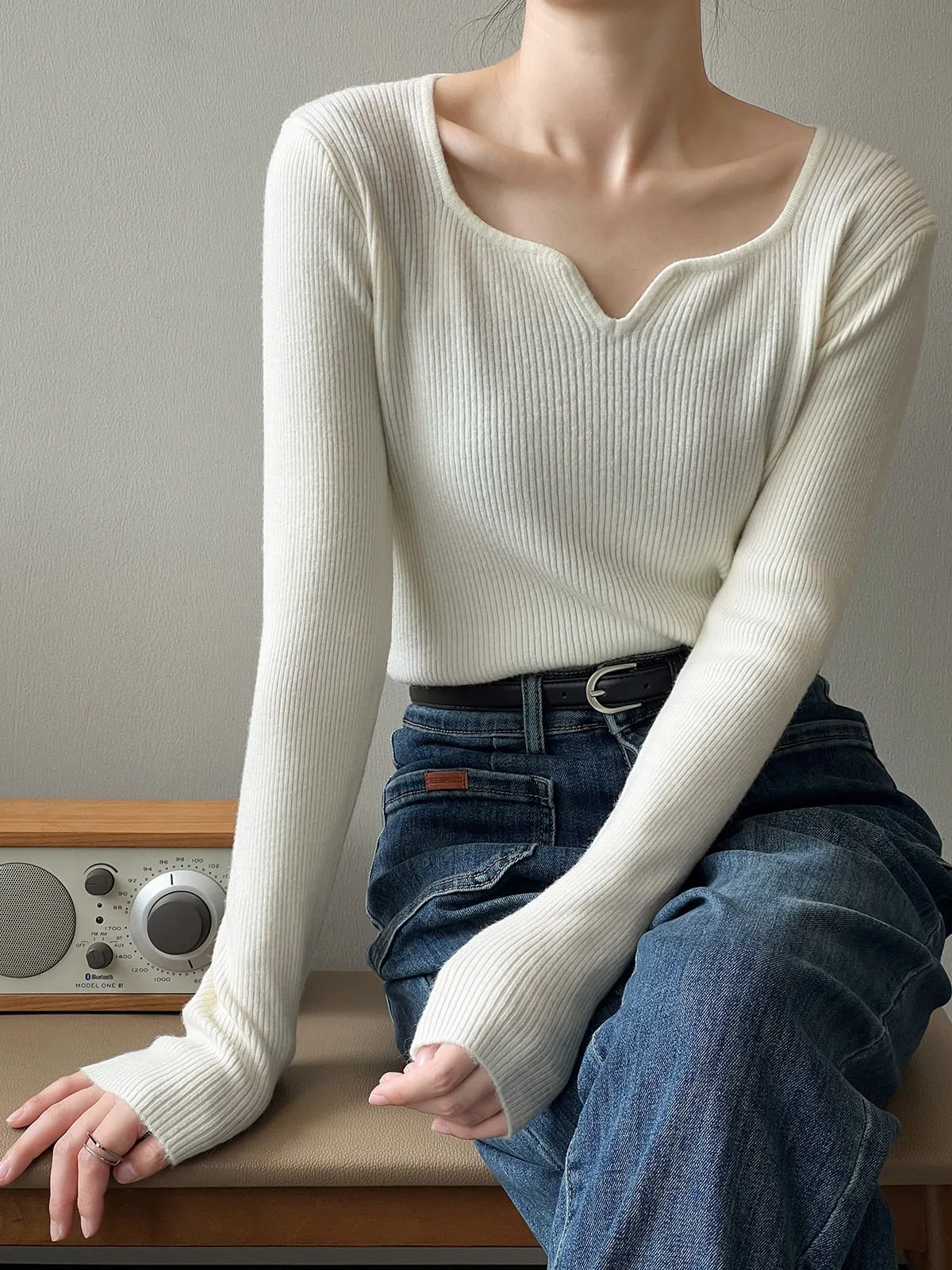 [Korean Style] 5 Color Irregular Neckline Slim Fit Rib Knit Top