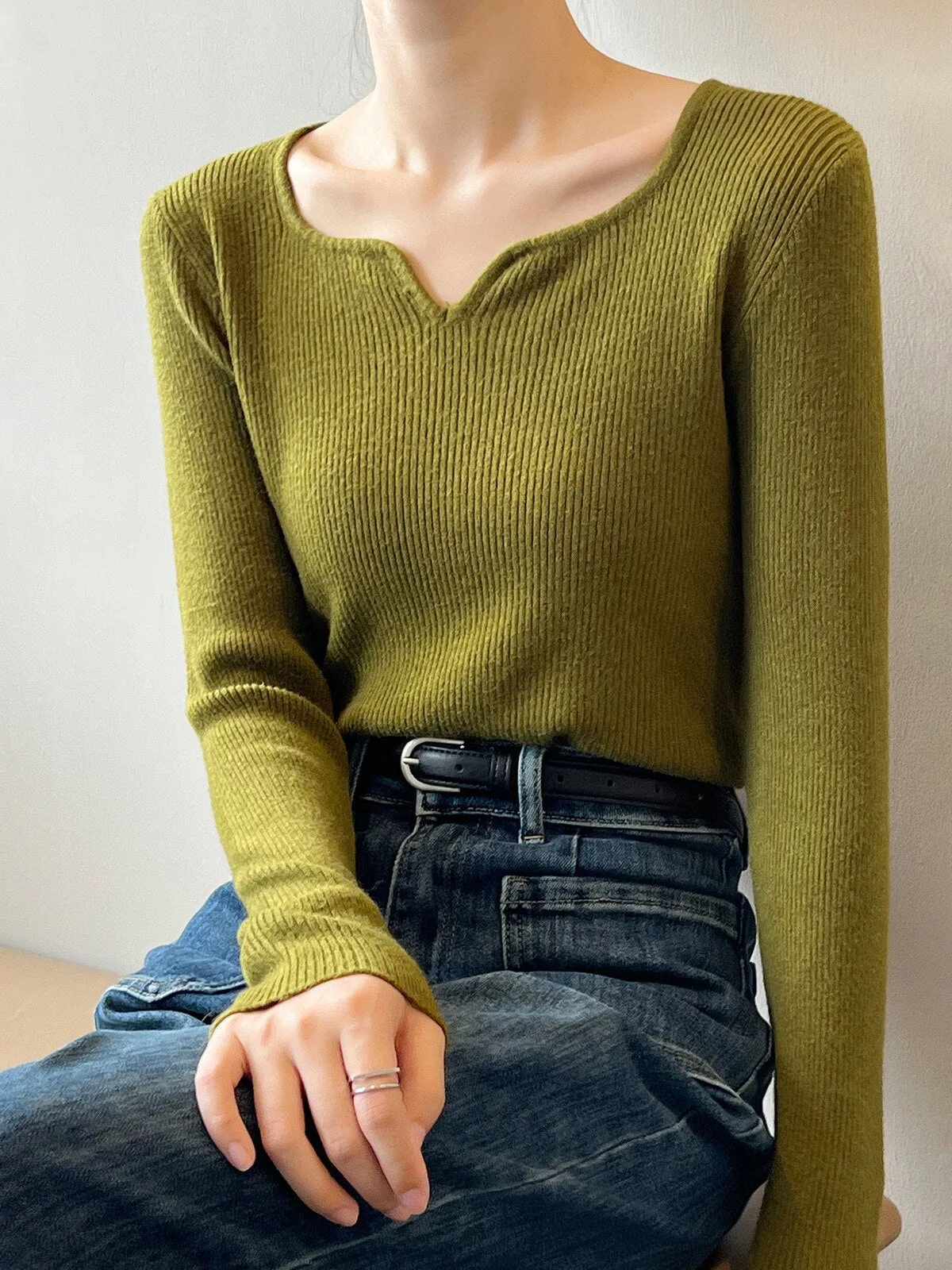 [Korean Style] 5 Color Irregular Neckline Slim Fit Rib Knit Top