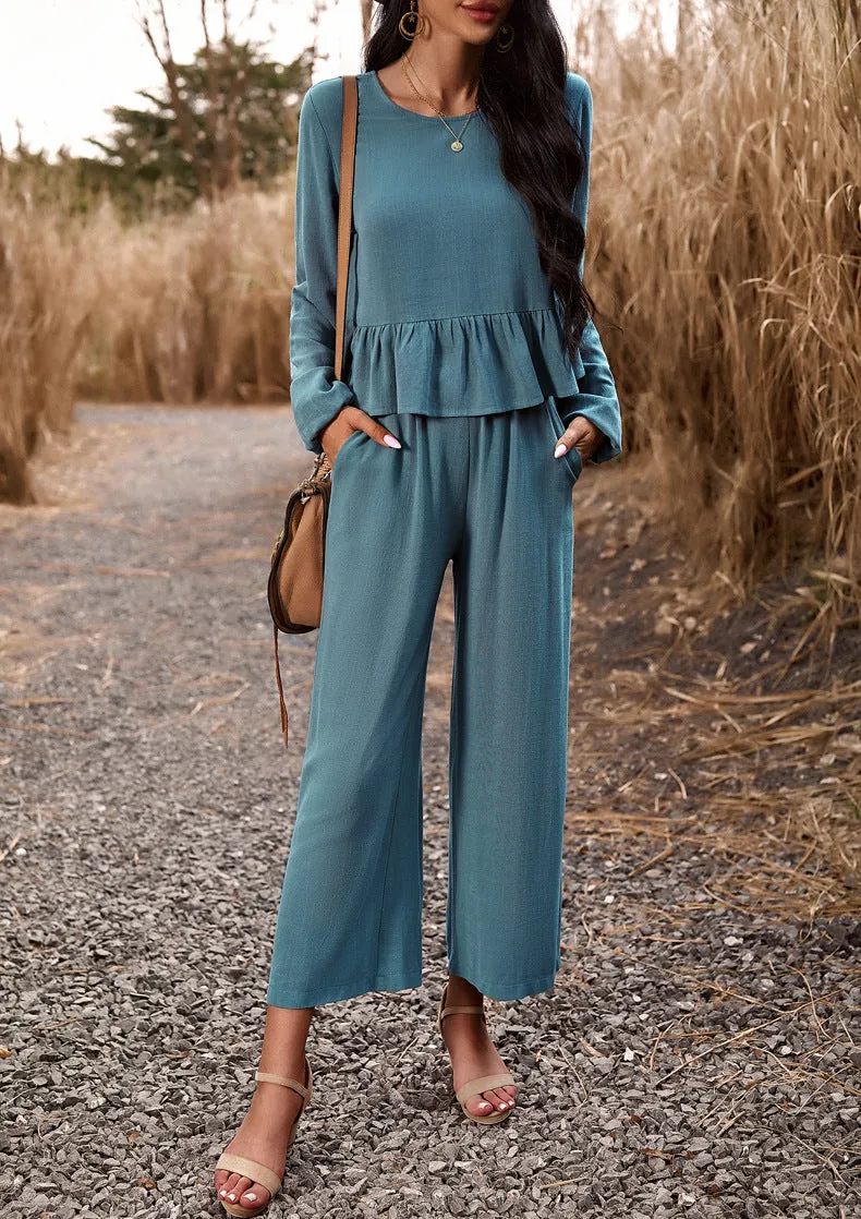 Lake Blue 2 Piece Sets Long Sleeve Tops Wide Leg Pants