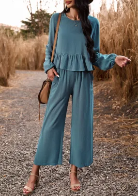 Lake Blue 2 Piece Sets Long Sleeve Tops Wide Leg Pants