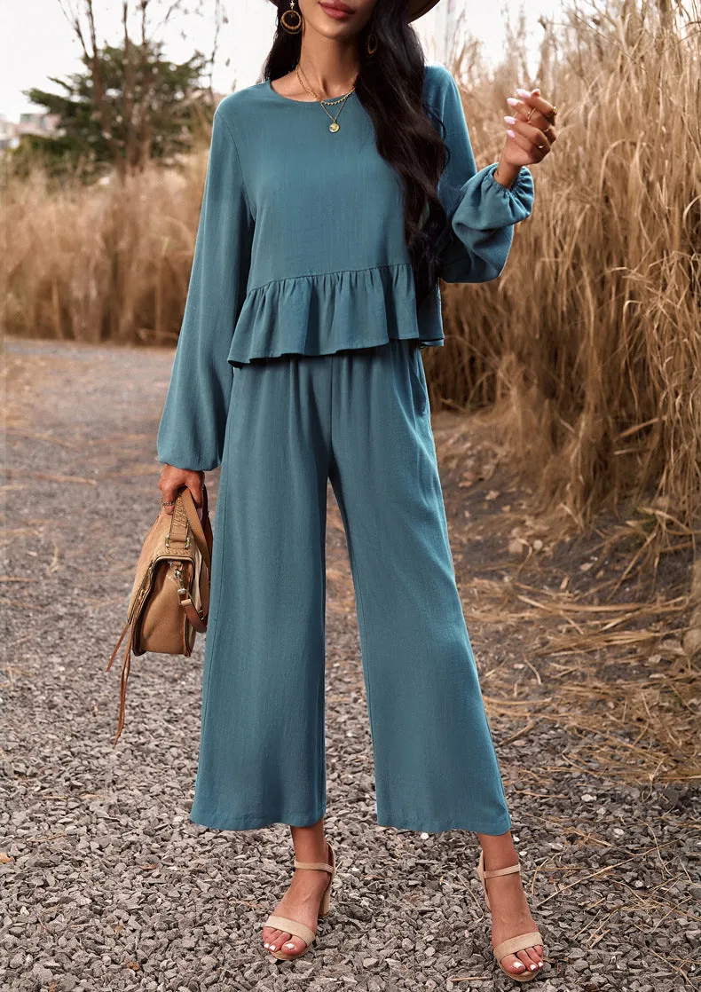 Lake Blue 2 Piece Sets Long Sleeve Tops Wide Leg Pants