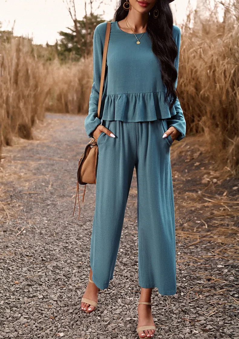 Lake Blue 2 Piece Sets Long Sleeve Tops Wide Leg Pants