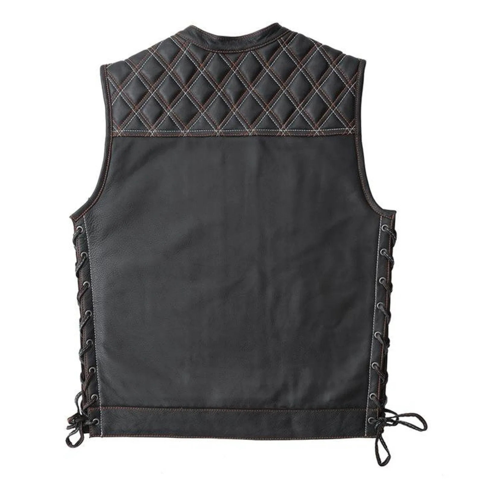 Leather Diamond Quilted Jack Builder Hunt Club Contrast Stitched Biker Vest