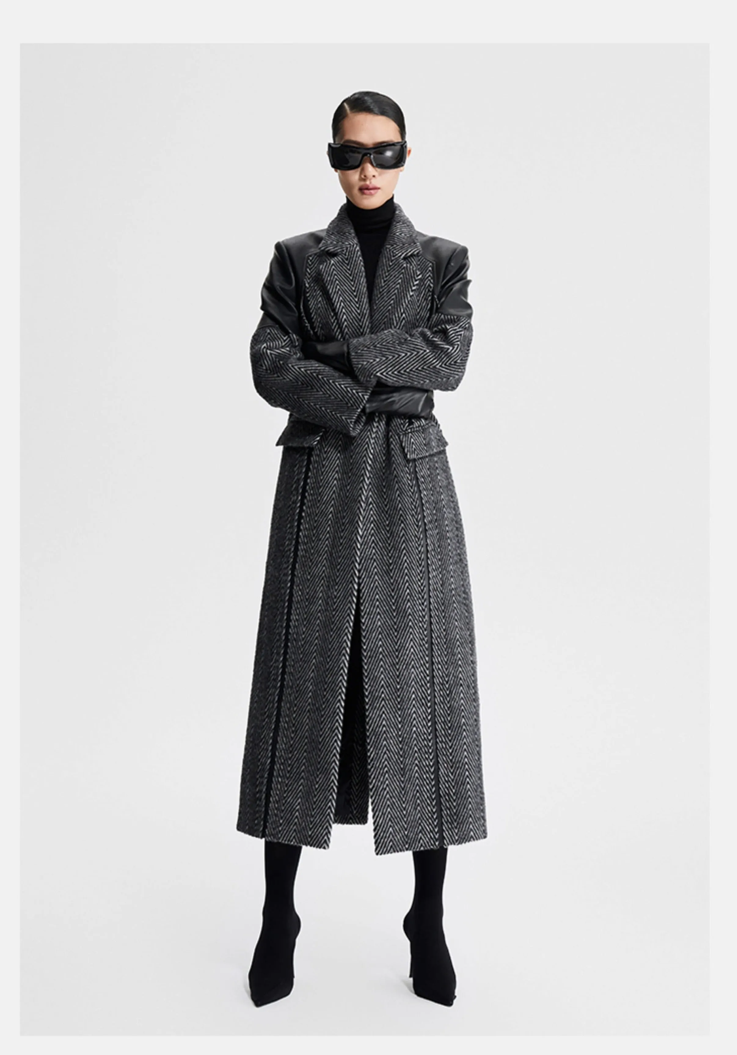 LEDIM W original wool women autumn winter patchwork herringbone coat - Miela