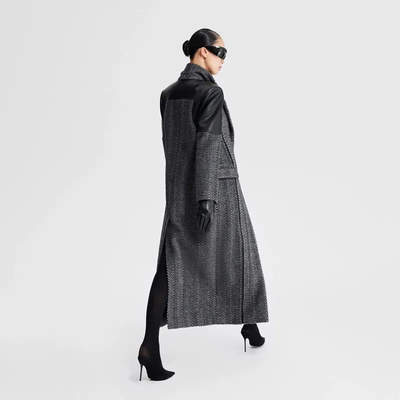 LEDIM W original wool women autumn winter patchwork herringbone coat - Miela