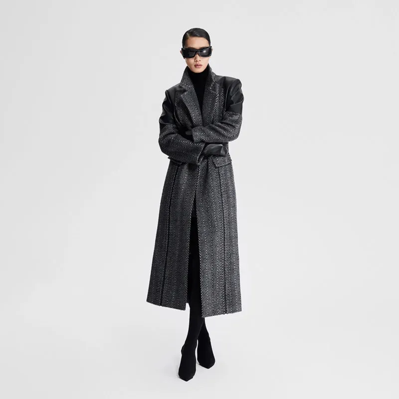 LEDIM W original wool women autumn winter patchwork herringbone coat - Miela