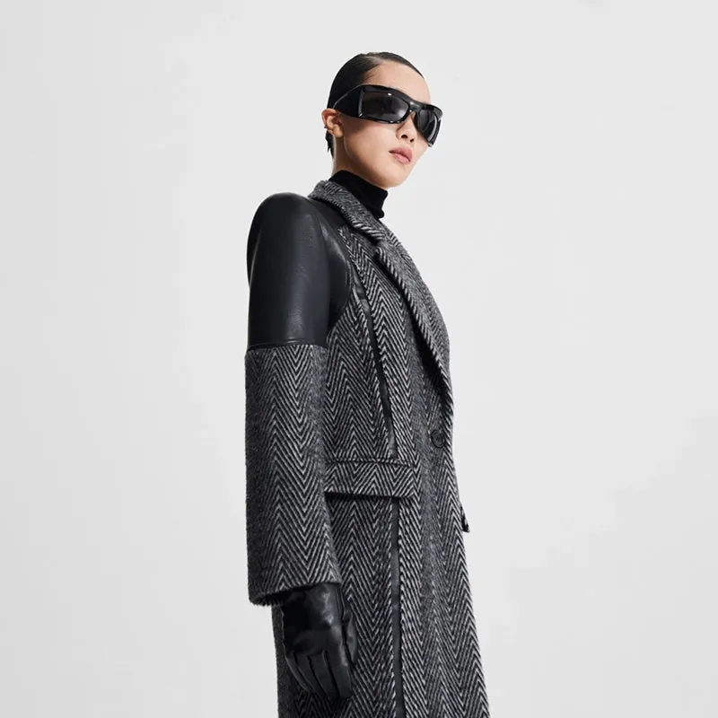 LEDIM W original wool women autumn winter patchwork herringbone coat - Miela