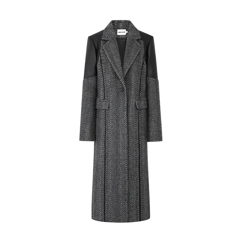 LEDIM W original wool women autumn winter patchwork herringbone coat - Miela