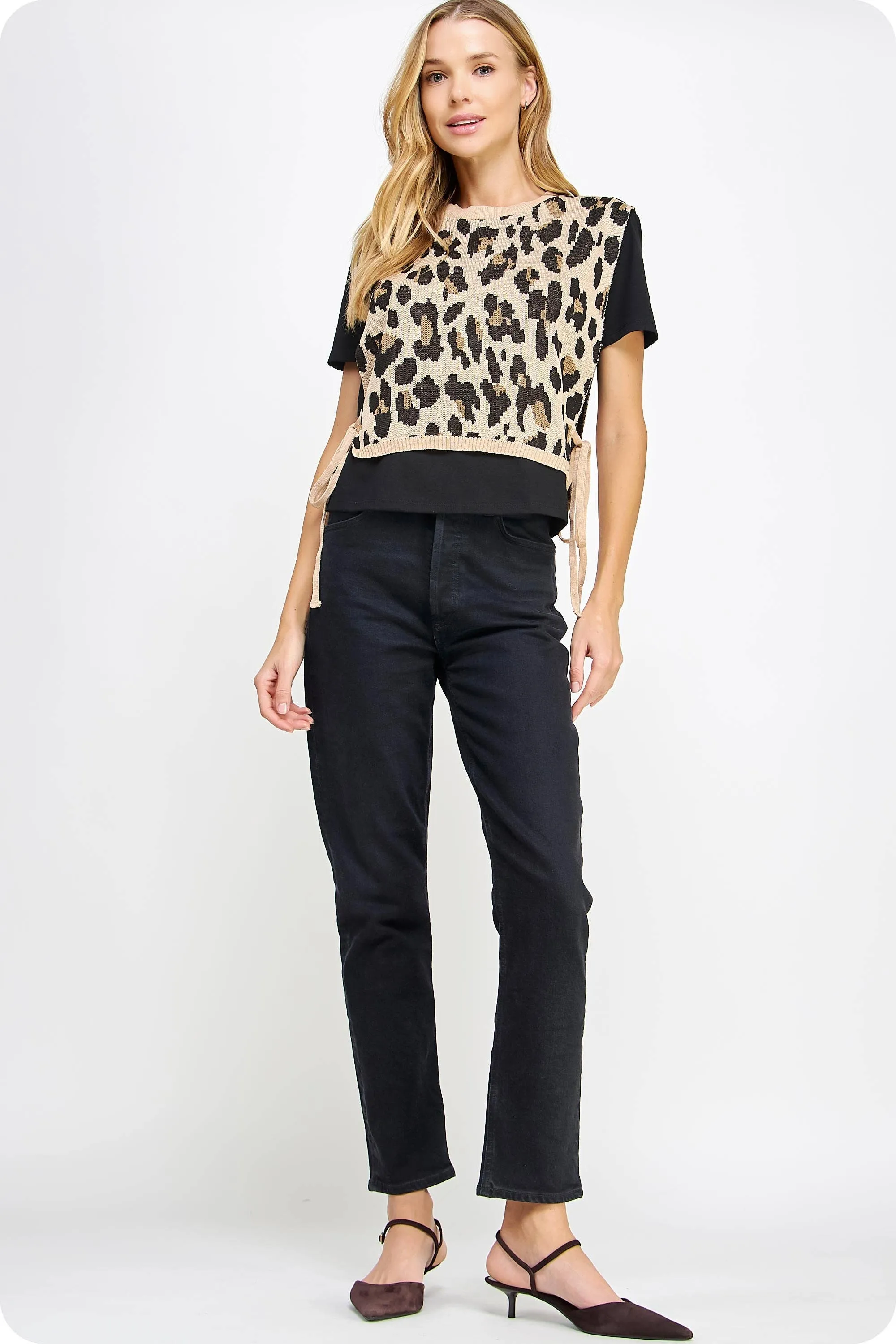 Leopard Knit Contrast Knit Tee Top