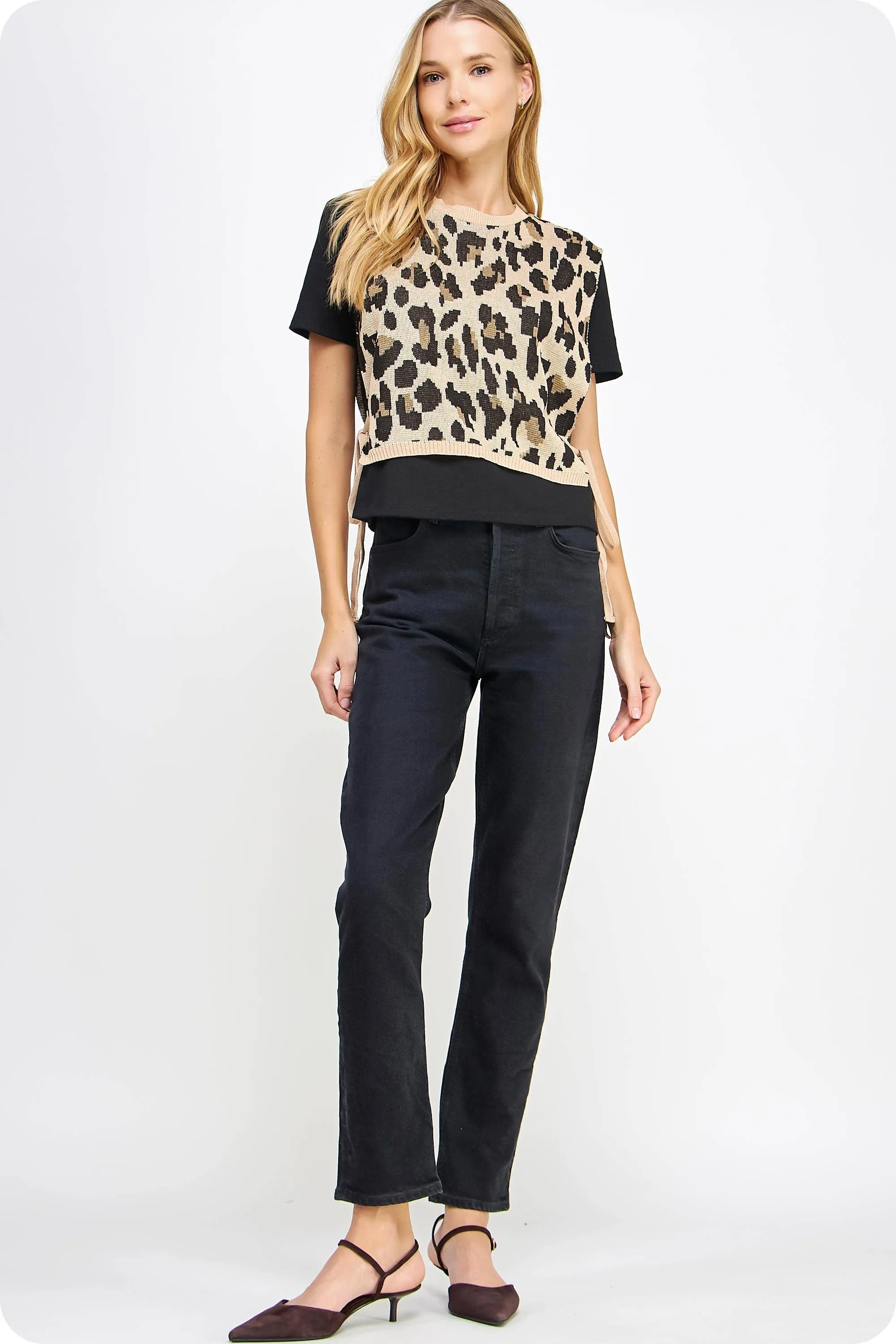 Leopard Knit Contrast Knit Tee Top