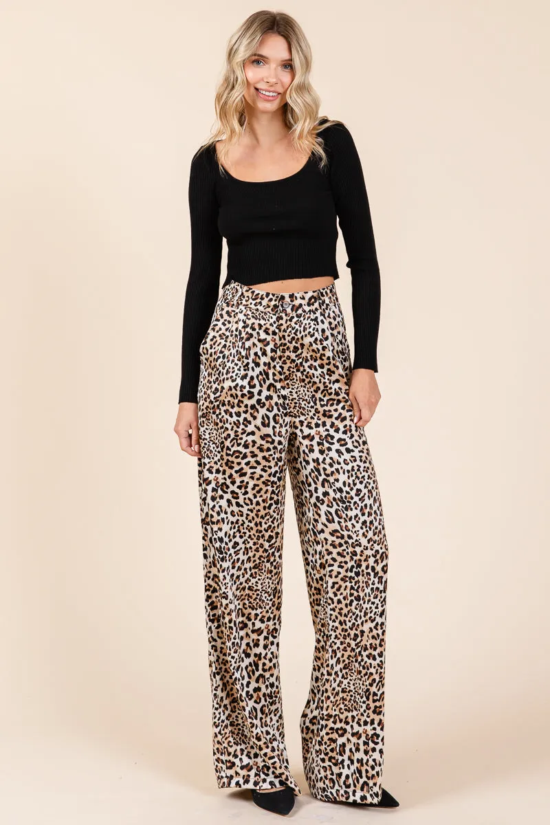 Leopard Print High Waist Satin Wide Leg Pants