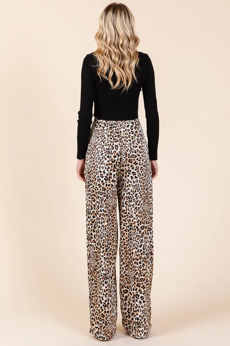 Leopard Print High Waist Satin Wide Leg Pants