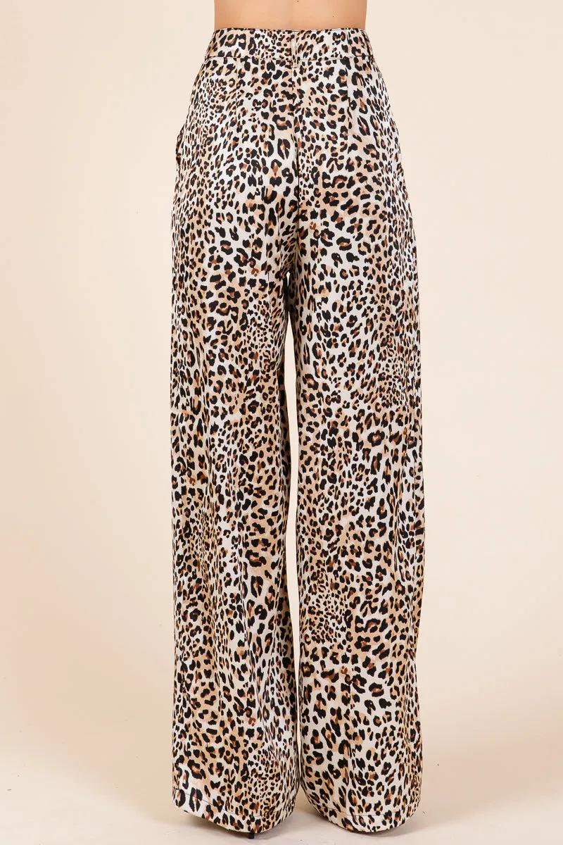 Leopard Print High Waist Satin Wide Leg Pants