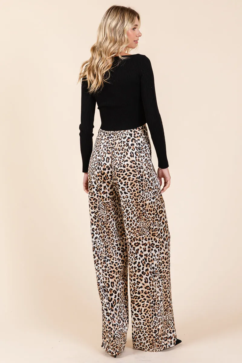 Leopard Print High Waist Satin Wide Leg Pants