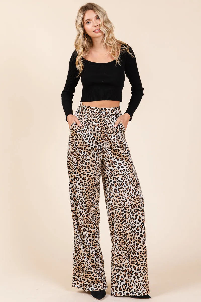 Leopard Print High Waist Satin Wide Leg Pants