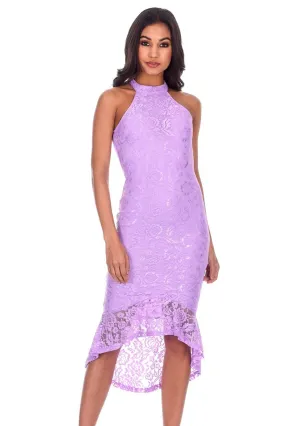 Lilac Lace Choker Neck Fishtail Hem Bodycon Dress