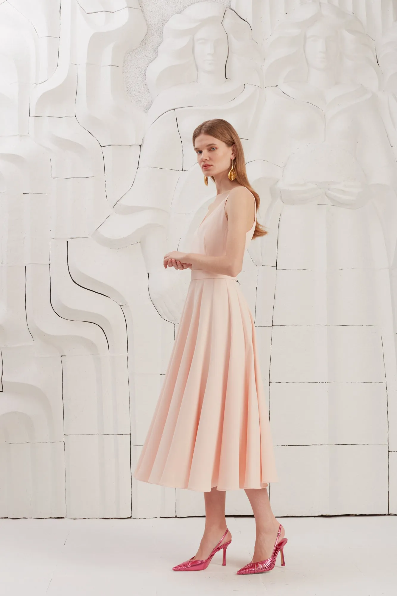 LINDA pastel pink flared midi dress