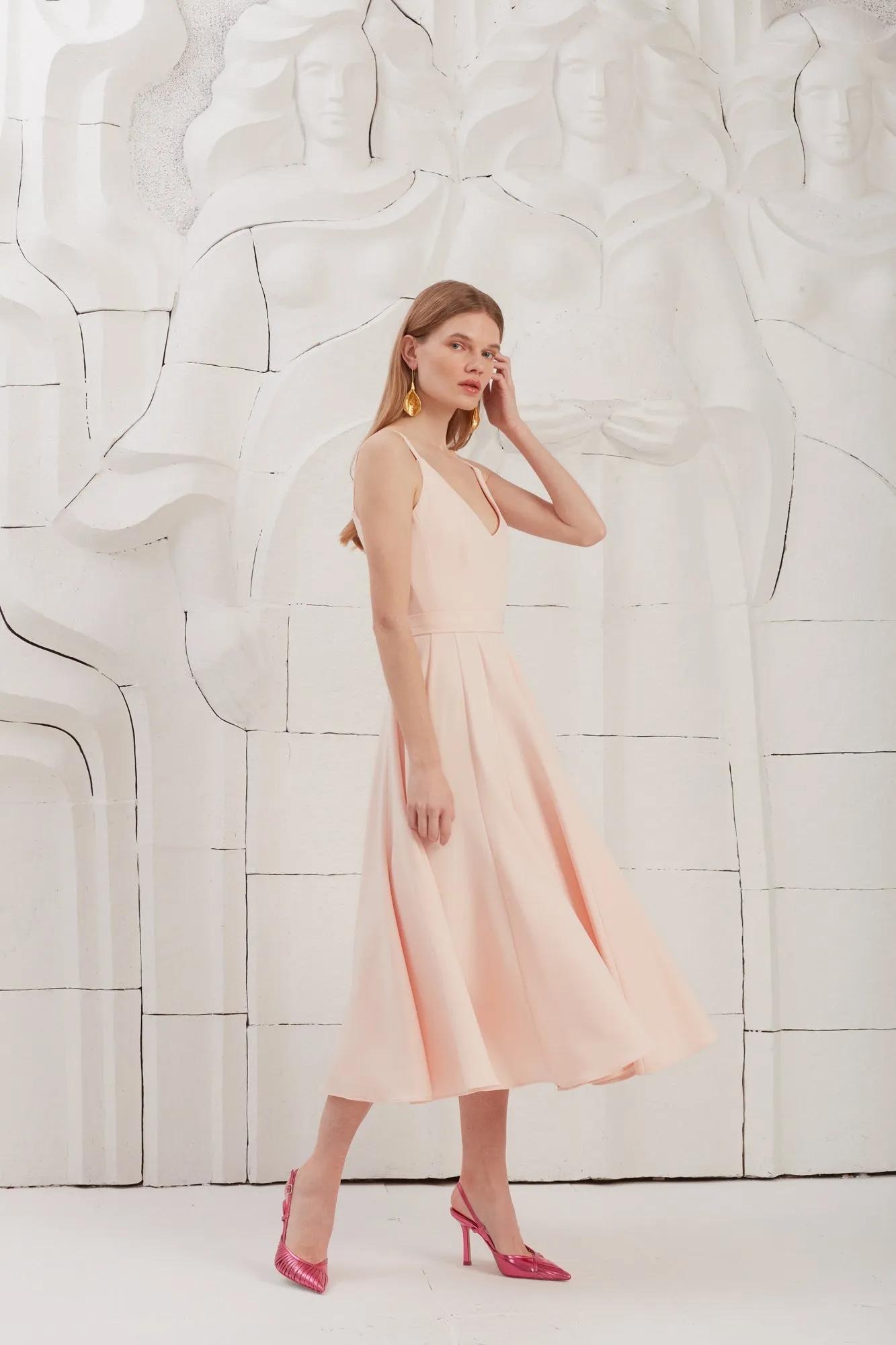 LINDA pastel pink flared midi dress