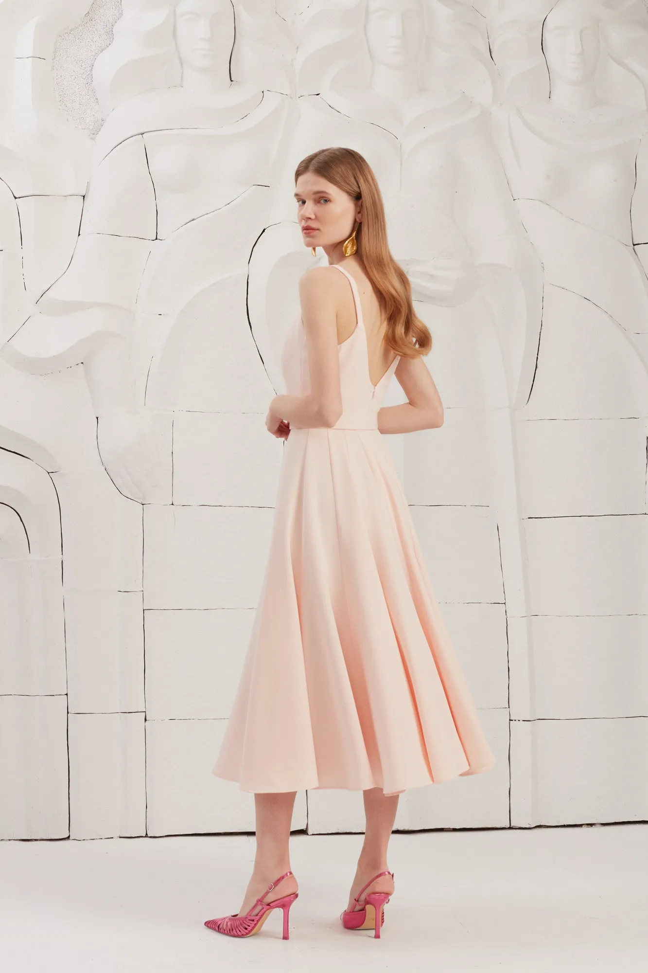 LINDA pastel pink flared midi dress