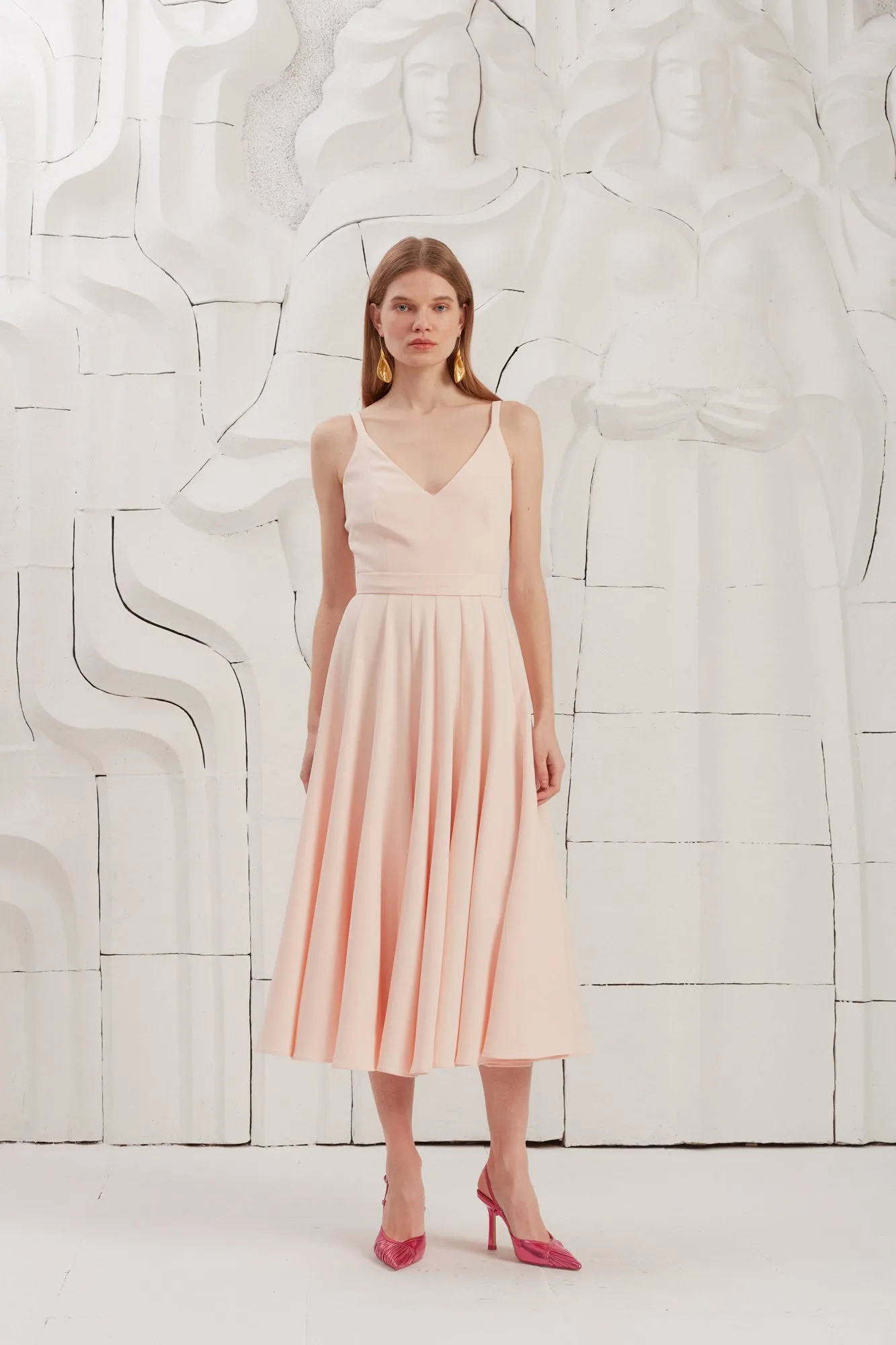 LINDA pastel pink flared midi dress