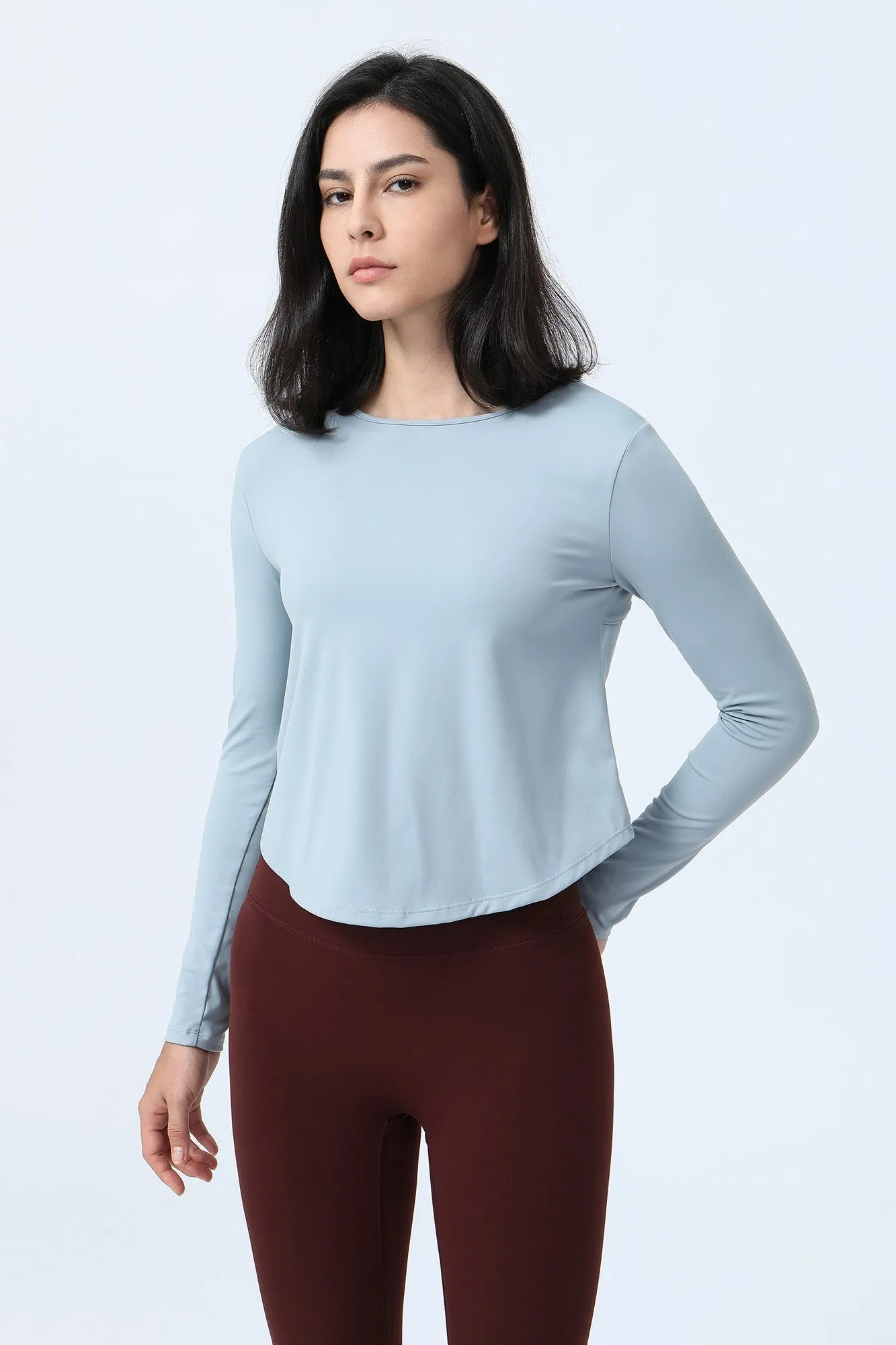 Long Sleeve Ruched Back Cutout Crop Top