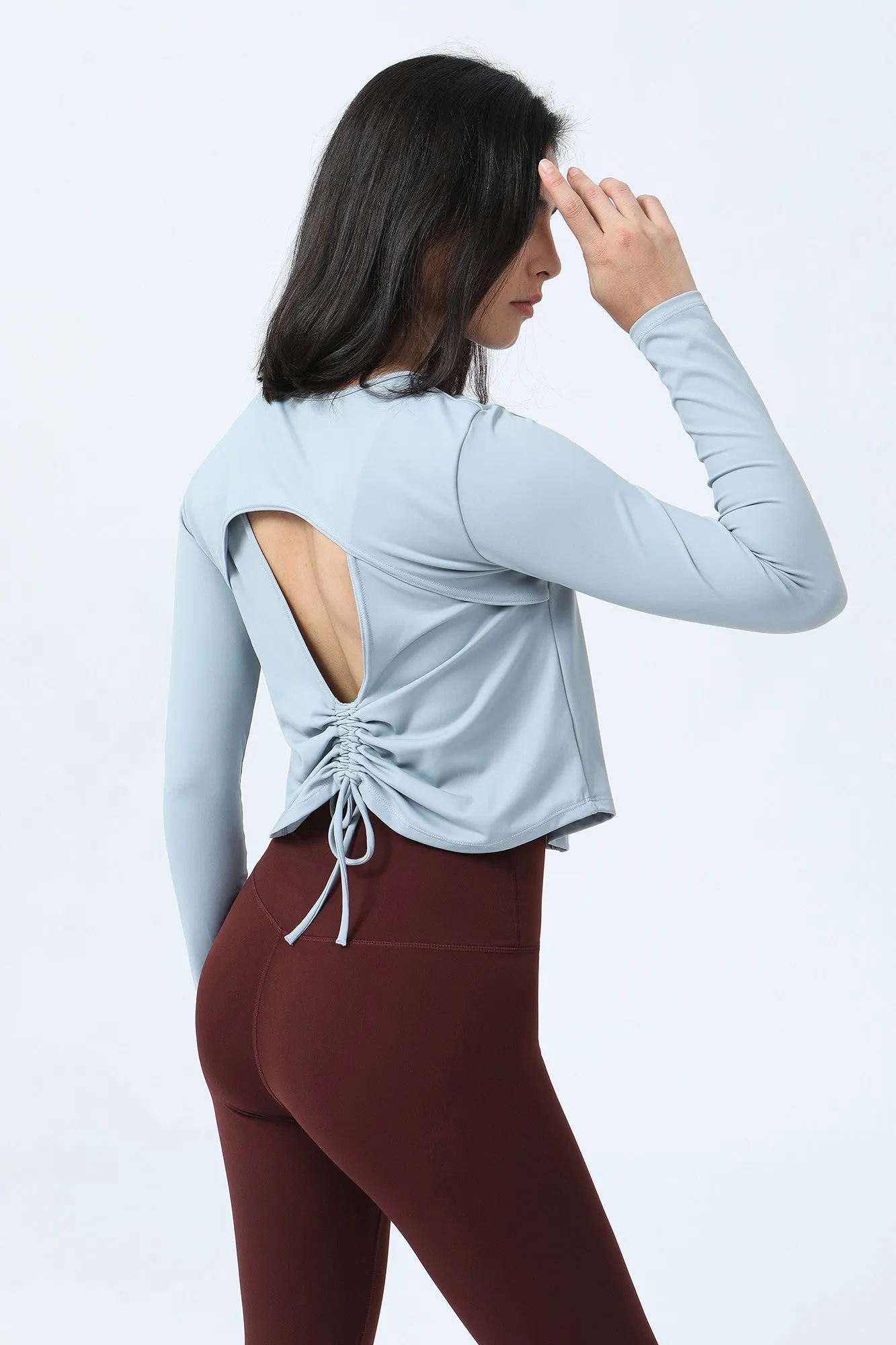 Long Sleeve Ruched Back Cutout Crop Top