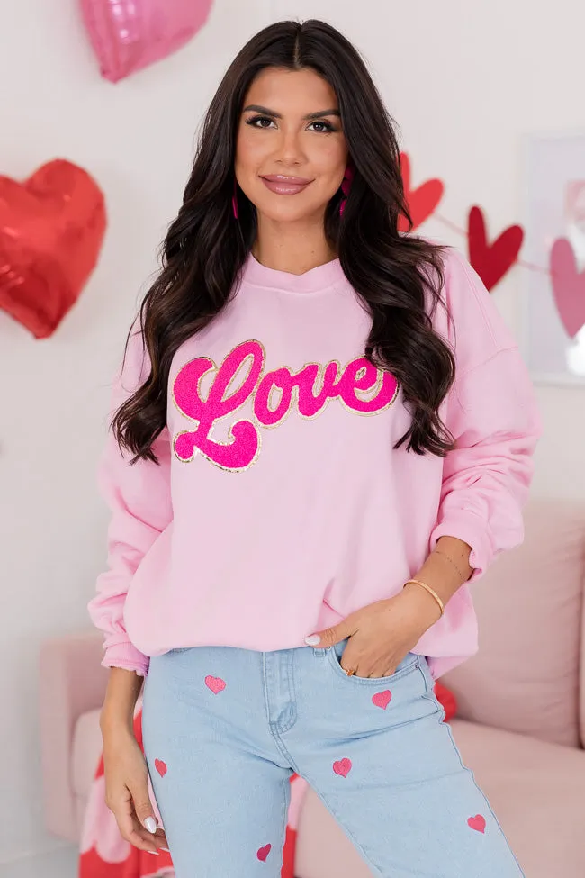 Love Script Chenille Patch Light Pink Oversized Graphic Sweatshirt FINAL SALE