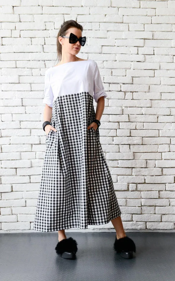 Maxi Checked Dress With Short Sleeves