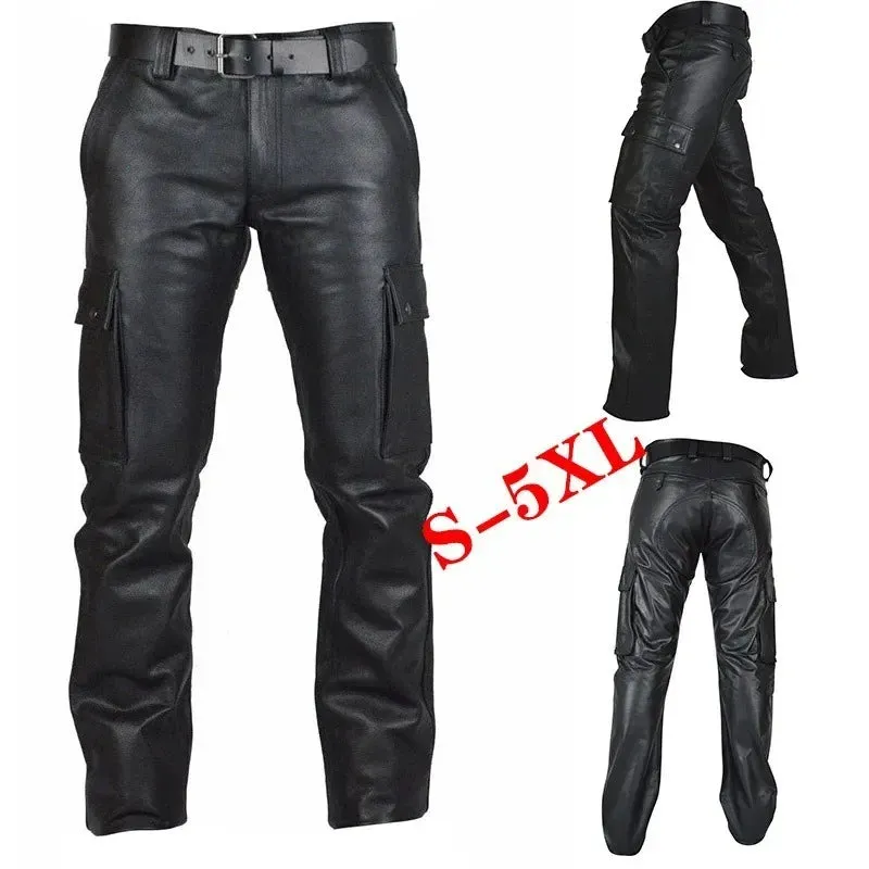 Men Faux Matte Leather Hiking Cargo Waterproof Pants Black PU Outdoors Trousers Military Tactical Pants for Men