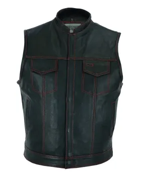 Men's Black Split Leather Motorcycle Vest Red Stitching