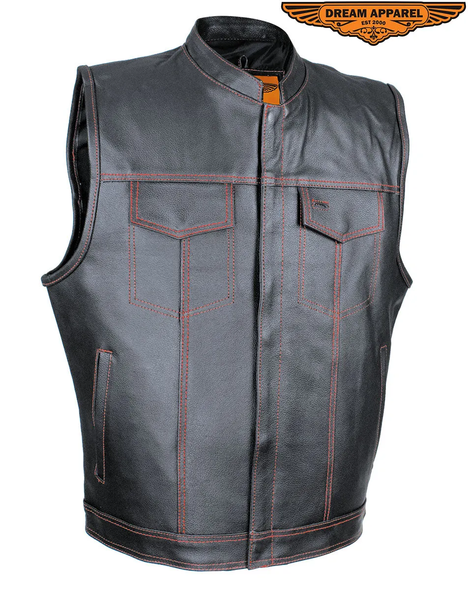 Men's Black Split Leather Motorcycle Vest Red Stitching