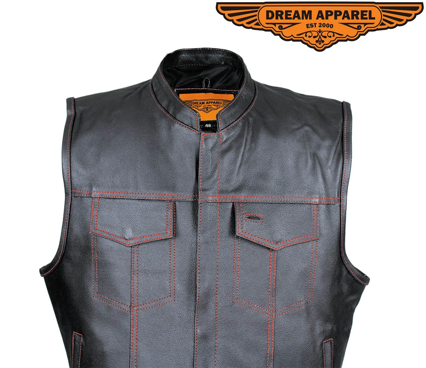 Men's Black Split Leather Motorcycle Vest Red Stitching