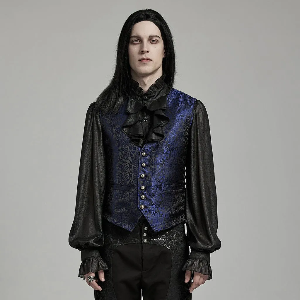 Men's Gothic Floral Jacquard Lace-up Black Blue Vest