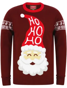 Men's Santa Ho Ho Ho Motif Novelty Christmas Jumper in Claret - Merry Christmas