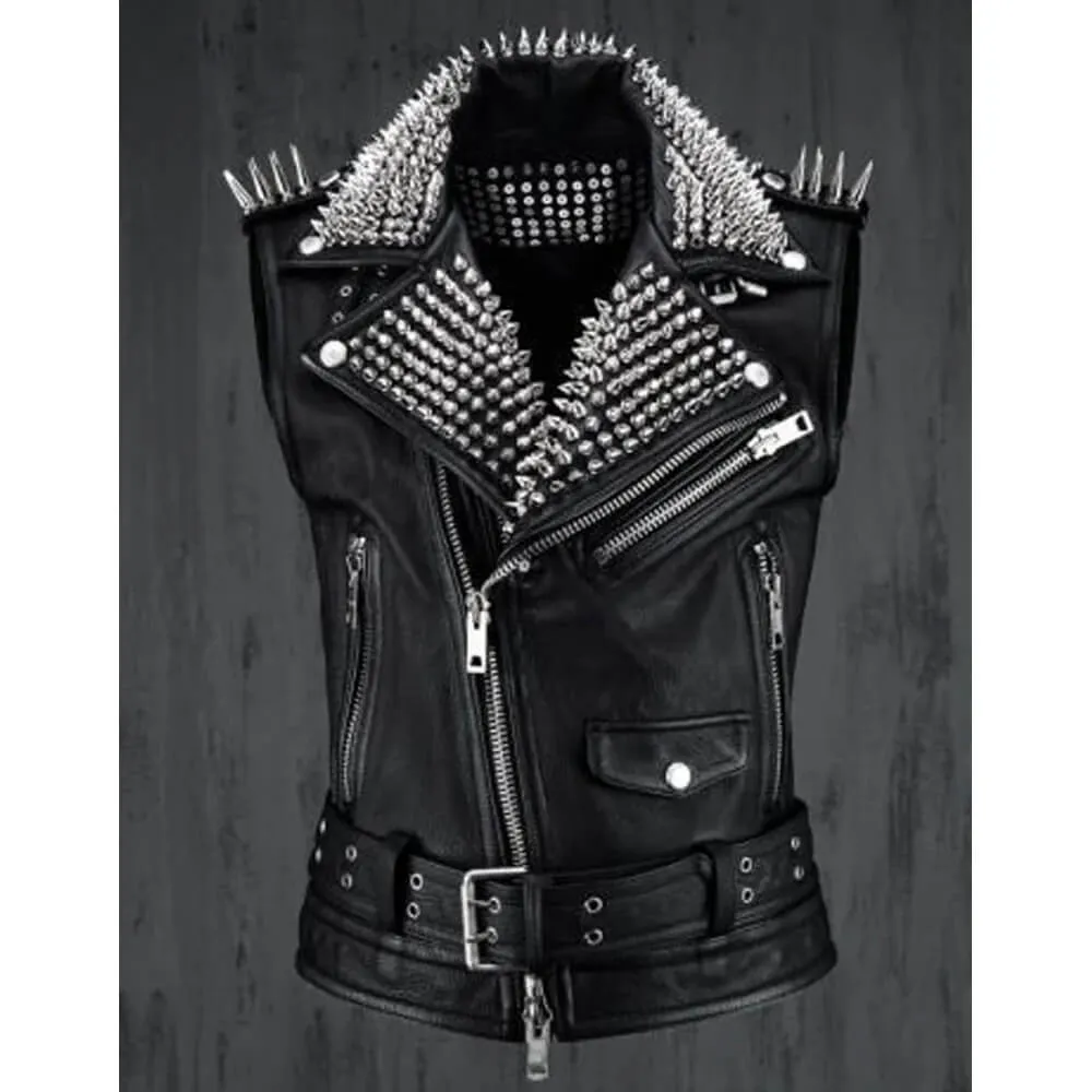 Men’s Silver Studded Leather Vest Party Wear