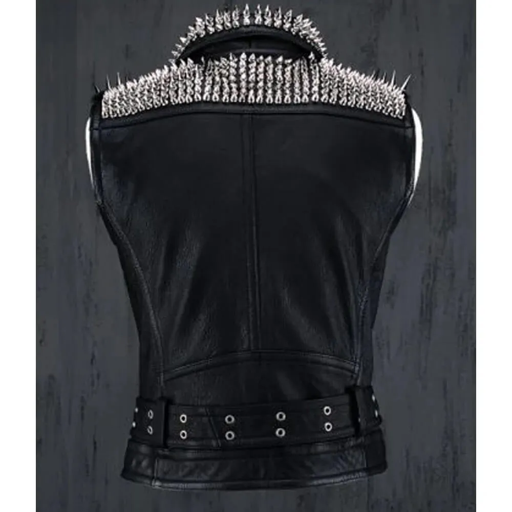 Men’s Silver Studded Leather Vest Party Wear