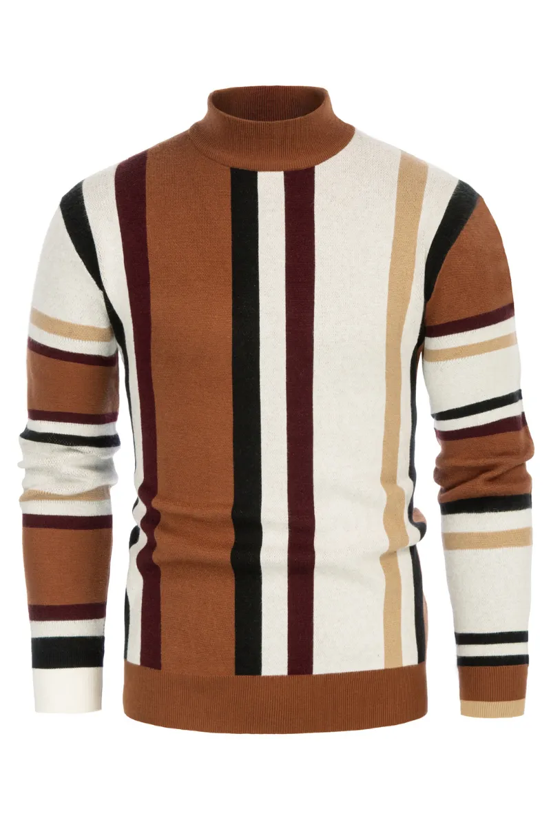 Mens Vintage Stripes Pullover Stand Collar Mockneck Jumper Sweater