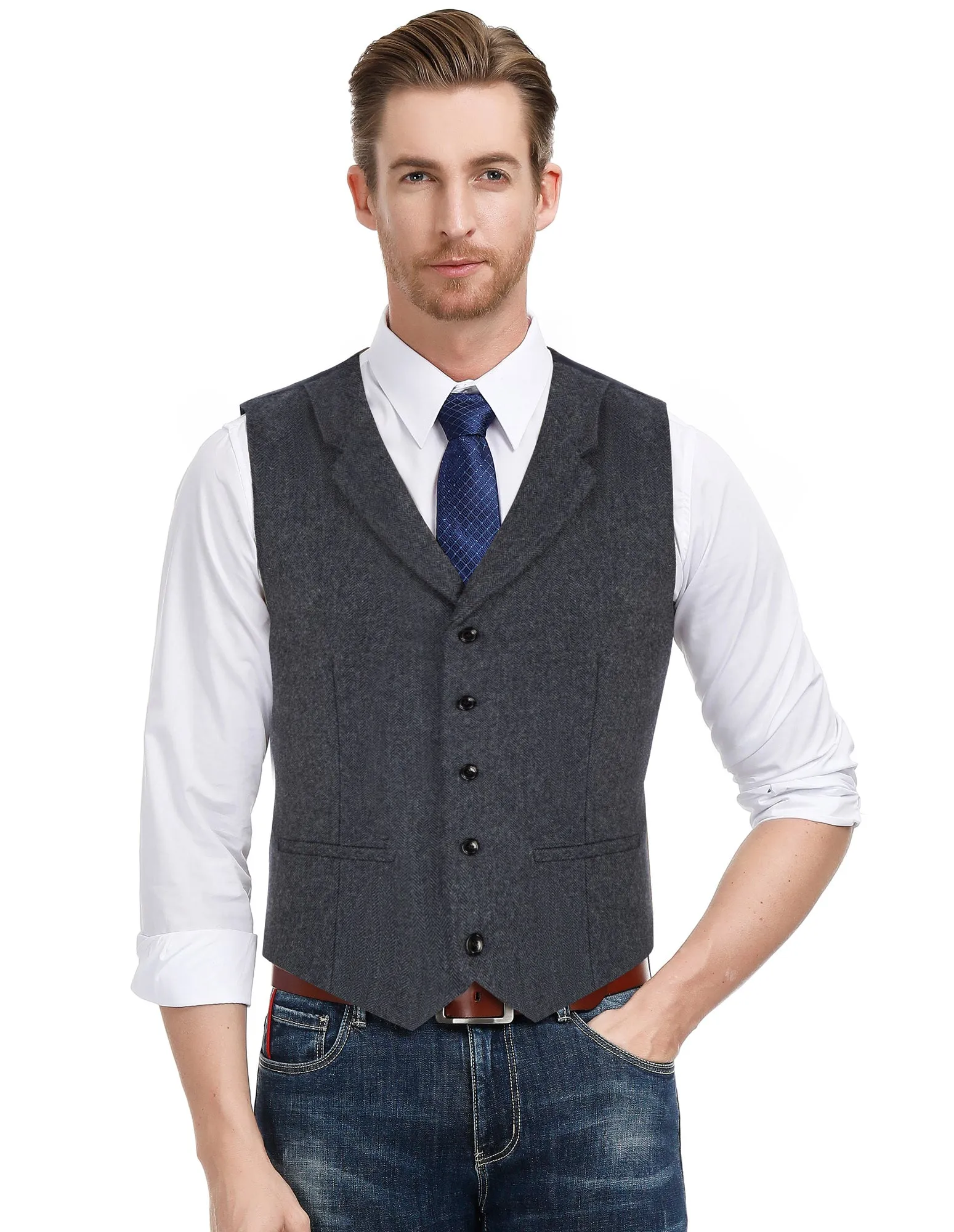 Mens Western Herringbone Suit Vest Tweed Wool Blend Slim Fit Waistcoat