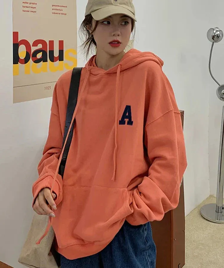 Metaversmall Korean Letter Embroidery Navy White Hoodies Double Layer Hooded Sweatshirt Orange Thin Pullover Female Tops Autumn M-XL