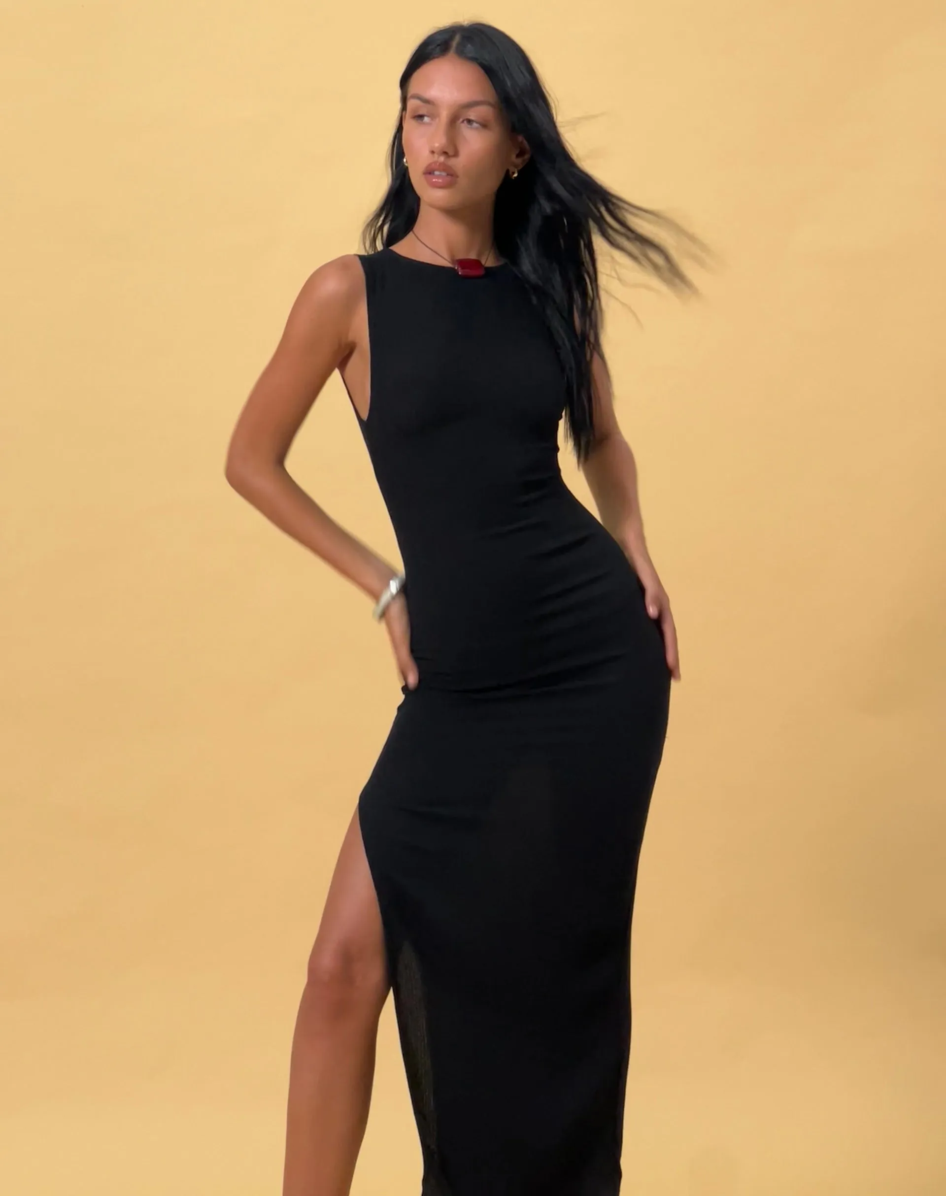 Minyo Racer Neck Maxi Dress in Crinkle Black