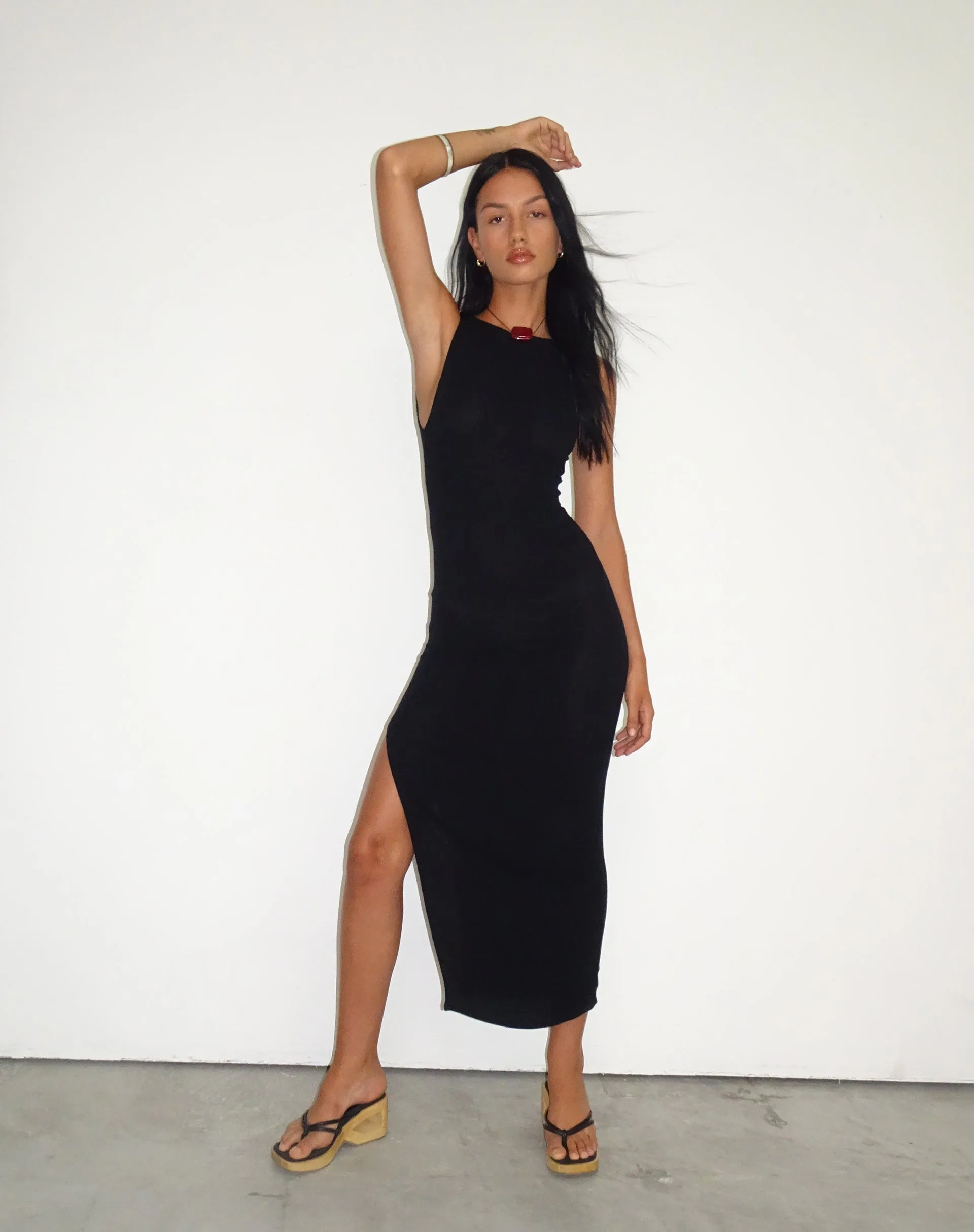 Minyo Racer Neck Maxi Dress in Crinkle Black