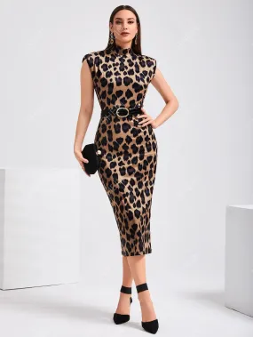 Modely Leopard Print Shoulder Pad Split Back Bodycon Dress Without Belt