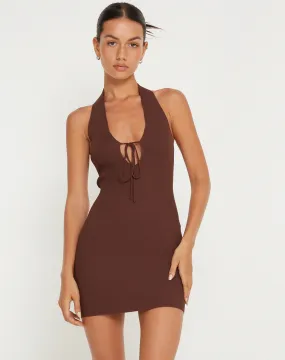 Mogi Halterneck Mini Dress in Chocolate Rib Knit