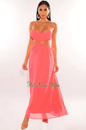 Neon Coral Smocked Spaghetti Straps Cut Out Maxi Dress